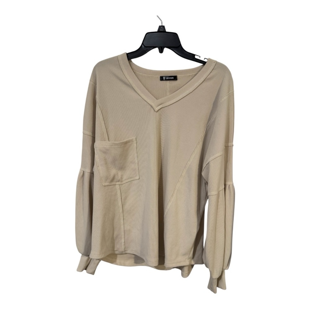 BTFBM Ribbed V-Neck Balloon Sleeve Tunic Top Beige Size L - Picture 8 of 10
